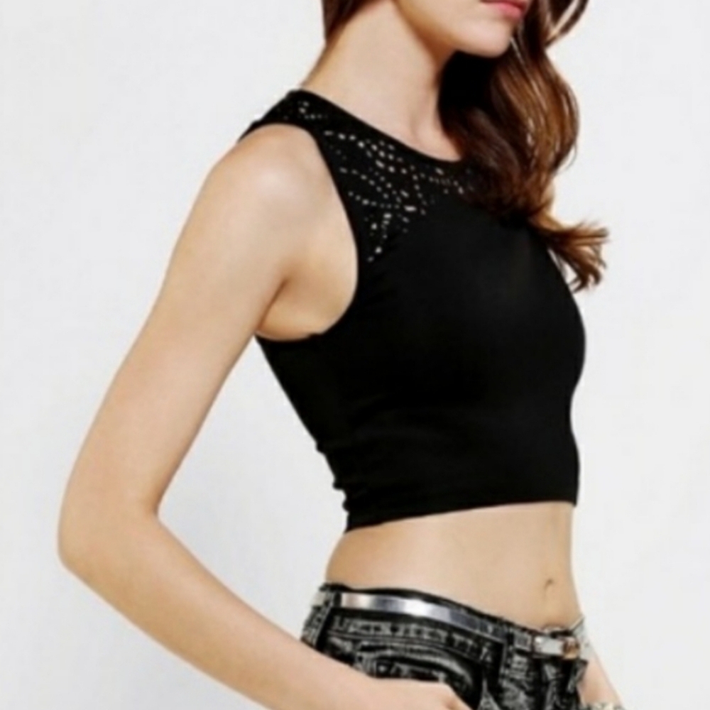 UO Festival Grunge Indie Sleaze black sparkle & fade cut out scuba crop XS